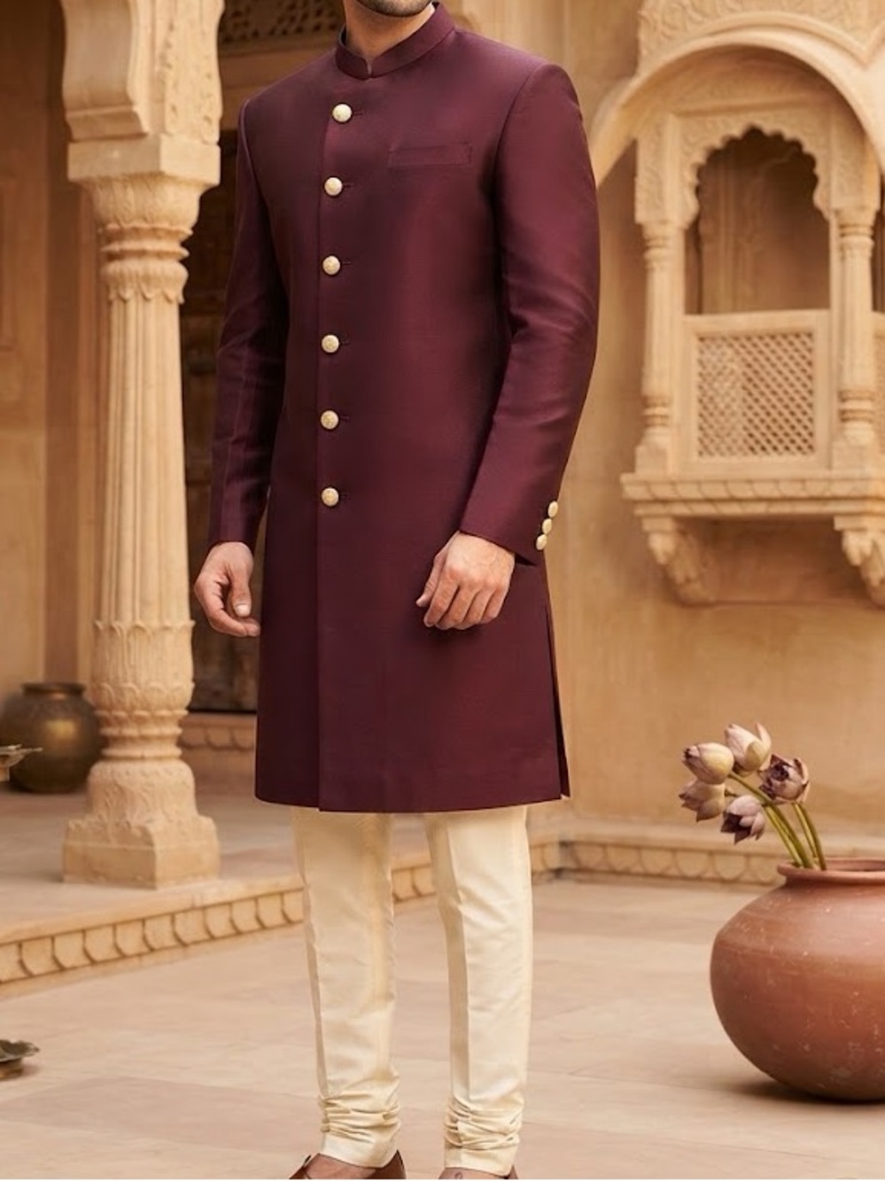 Men's Maroon Sherwani Jacket Set
